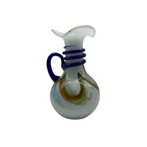 Murano Style Hand Blown Glass Pitcher With Cobalt Blue Rope And Handle Vintage